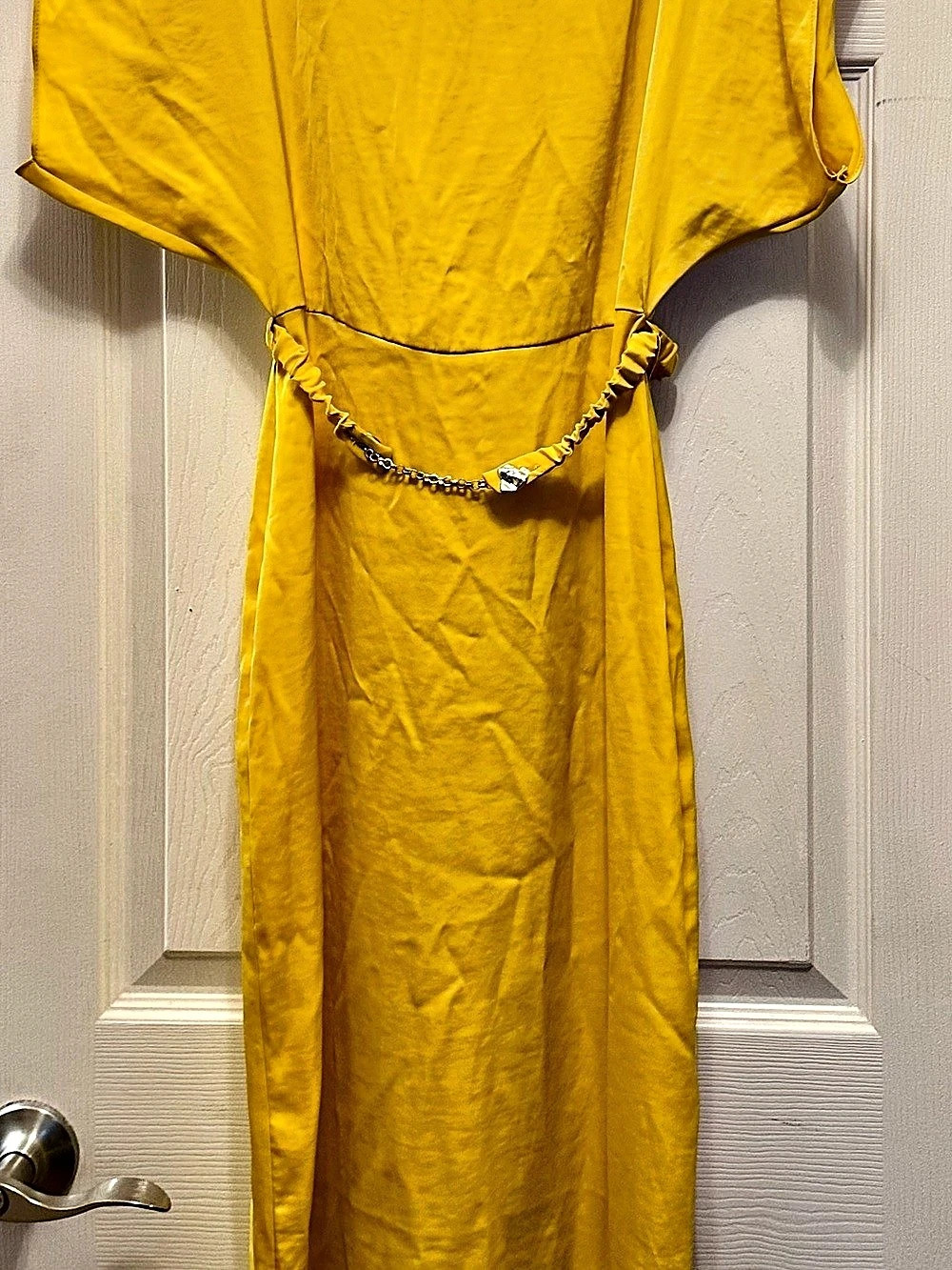Zara Belted Satin-Effect Midi Dress in a vibrant mustard yellow hue.